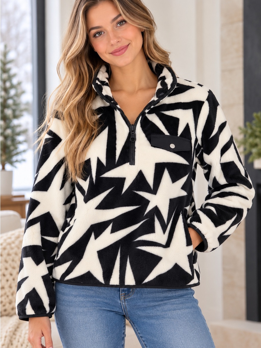 WallFlower Star Print Fleece Half-Zip Pullover Jacket with Pocket Sz M
